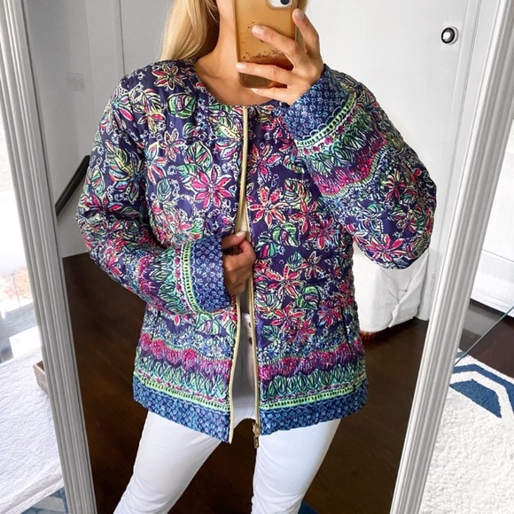 💙 LILLY PULITZER 2-in-1 NAVY PINK REVERSIBLE PUFFER JACKET down father XL Floral - Picture 6 of 16